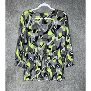 Alfani Top Womems Size XL Gray Black Green Abstract Smocked Peplum Hem‎ Stretch